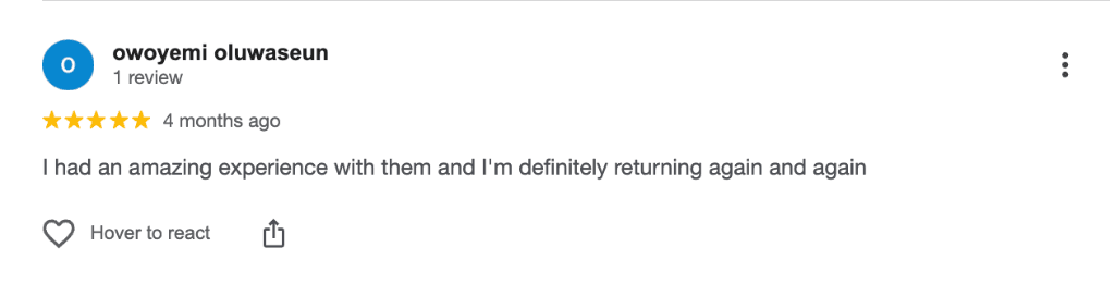 Owoyemi Oluwaseun Google Review
